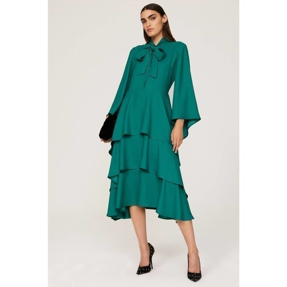 Osman Yousefzada Ruffle Dress Bow Front Green 4 - Picture 1 of 11